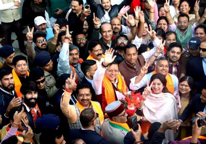 Pushkar Singh Dhami celebrating Bihar election victory in Dehradun